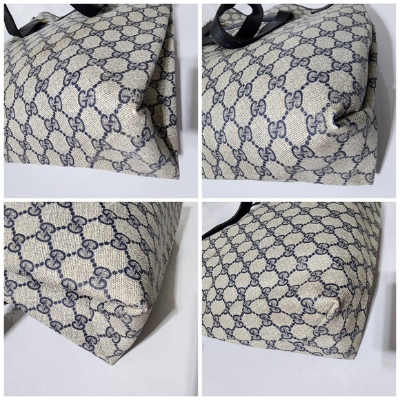 Authentic GUCCI Vintage GG Canvas Tote Bag PVC Leather Navy Blue/Grey - Picture 13 of 14